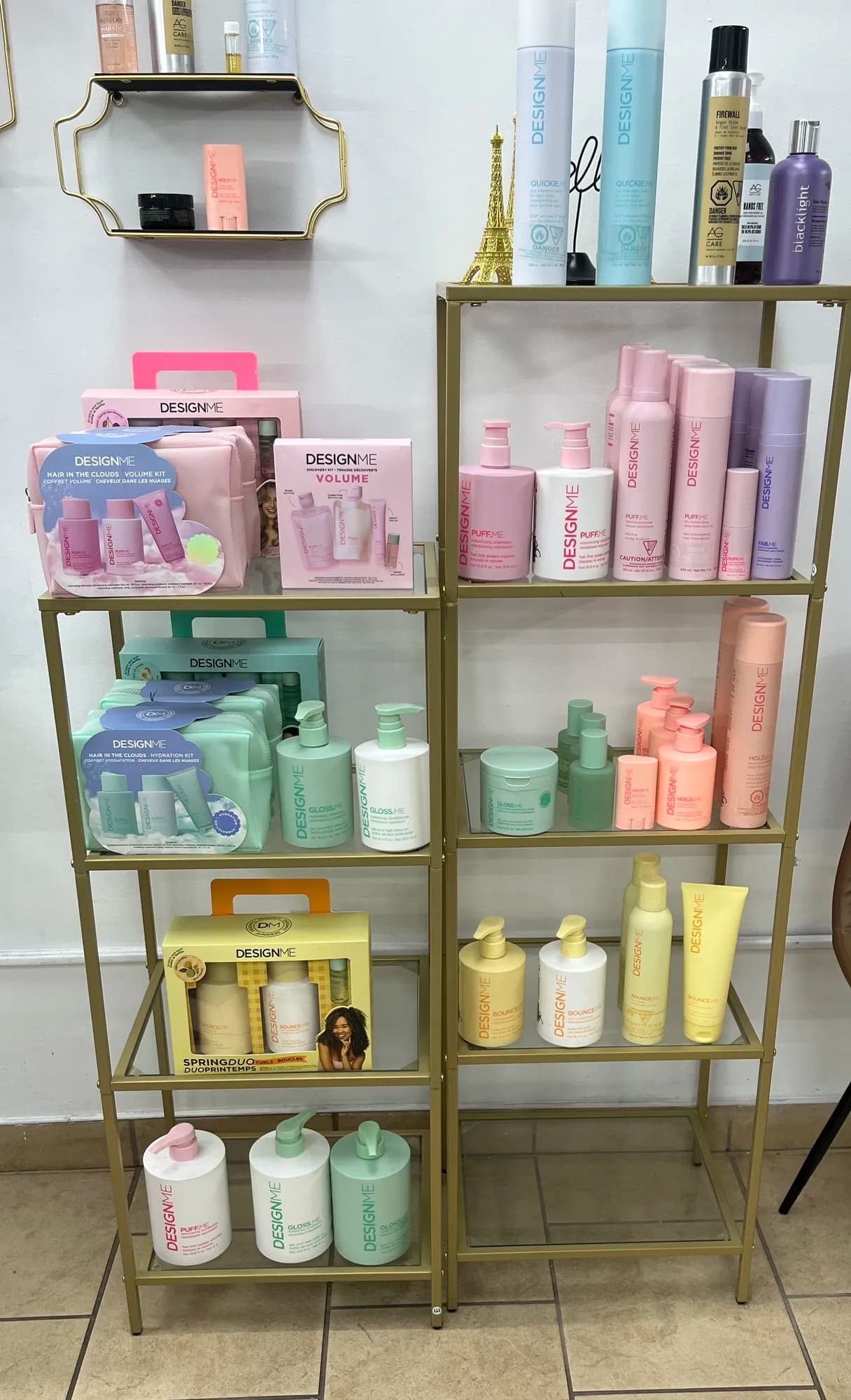 Professional hair care products on a salon shelf
